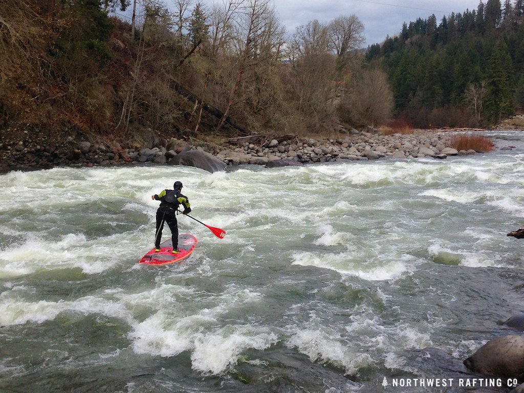 Stand Up Paddle Boarder auf einem Fluss in einer Stromschnelle, Wildwasser Paddleboard, Wildwasser SUP, Photo by Northwest Rafting Co