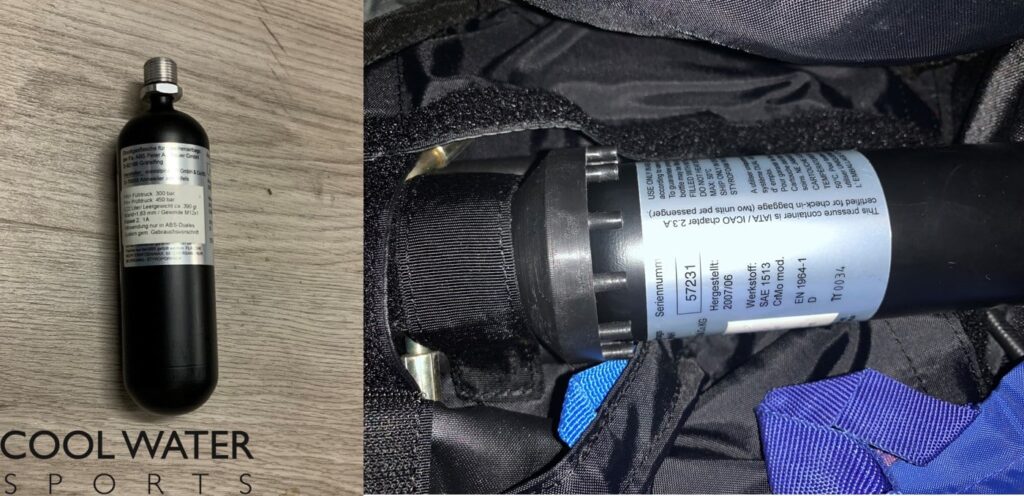 Gasflasche von einem Lawinenrucksack