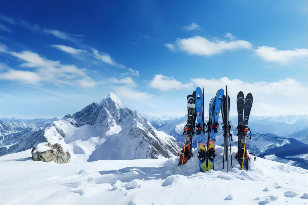 Close-up of ski equipment in the snow on the top of a snowy mountain