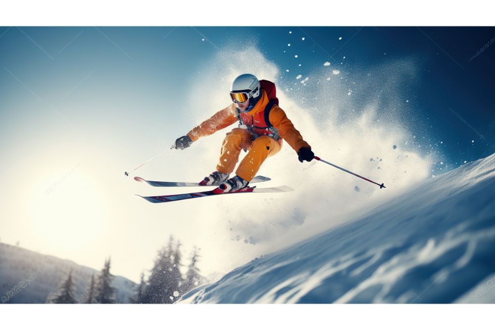 Jumping skier on a snowy mountain