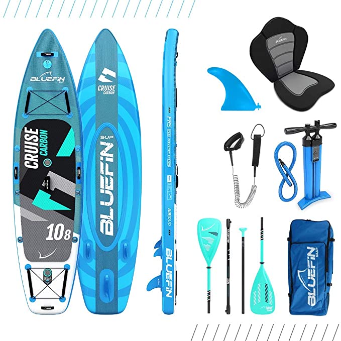 Allround inflatable Stand Up Paddle Board ideal zum Touren und Trekking mit einem Kayak Sitz Bluefin SUP 10'8''