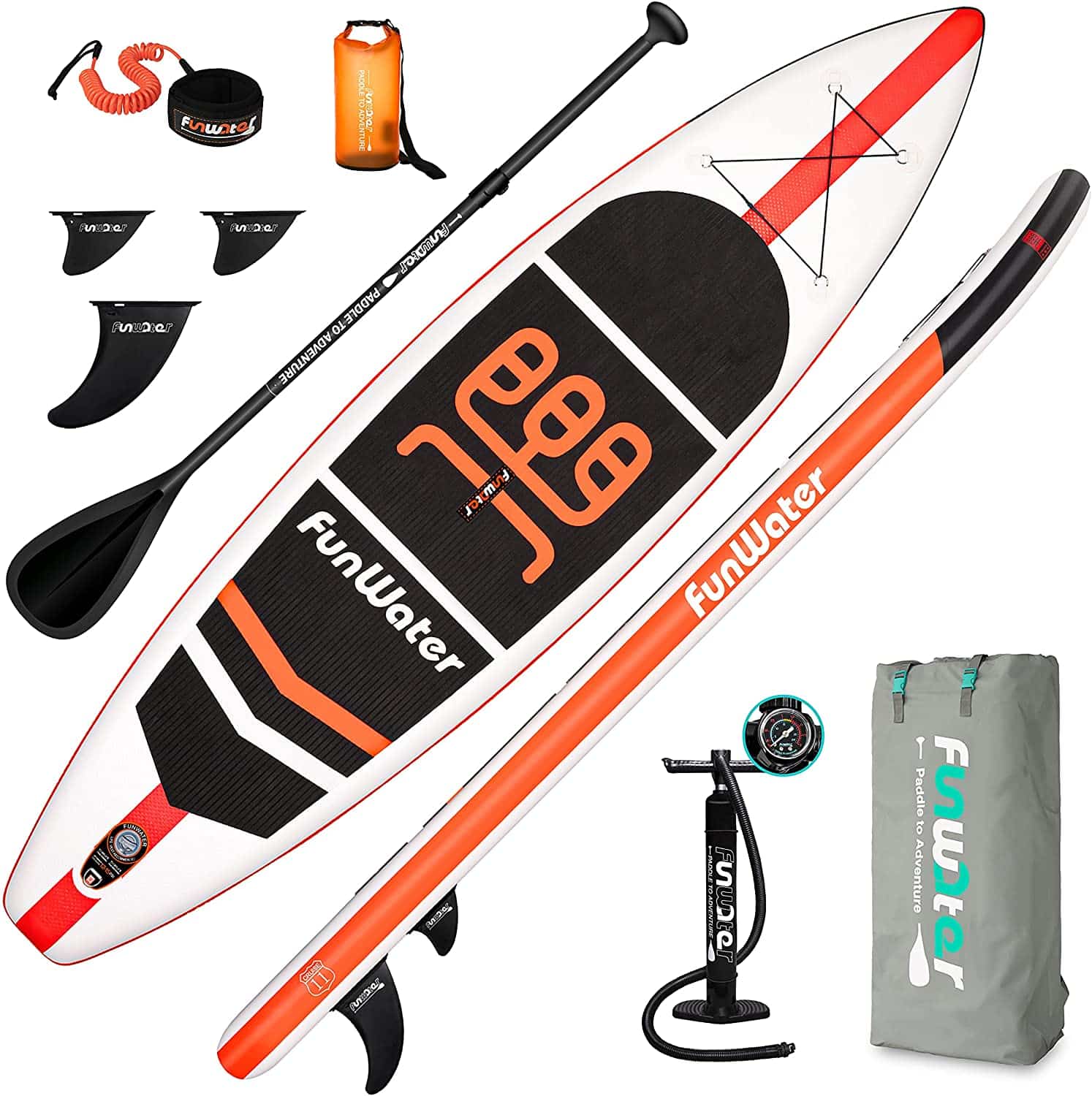 SUP Set von Funwater, Funwater Set bestehend aus einem SUP Board, Paddel, Pumpe, Finnen, Sicherheitsleine, Drybag und Tragetasche