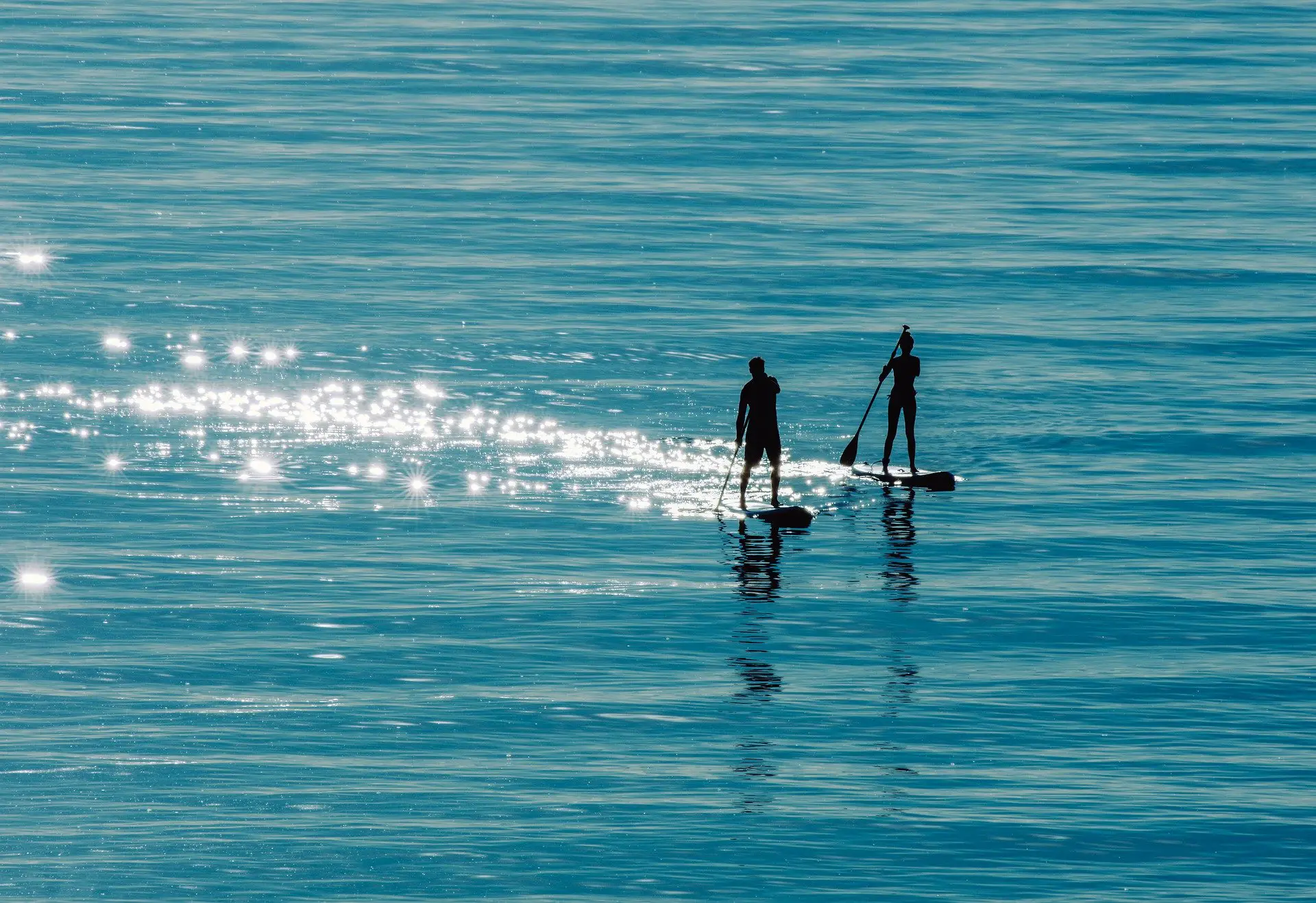Man and Woman going straight on a stand up paddle board on a lake