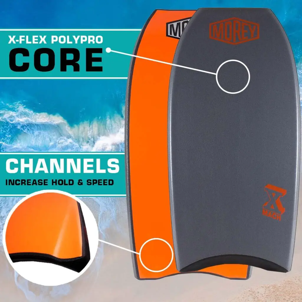 Features of the Morey Mach 10 Boogie Board or Morey Mach 10 Bodyboard which are an important part of the Morey Mach10 Review, Picture of Channels of a Bodyboard which are the better alternatives than Bodyboards with fins attached