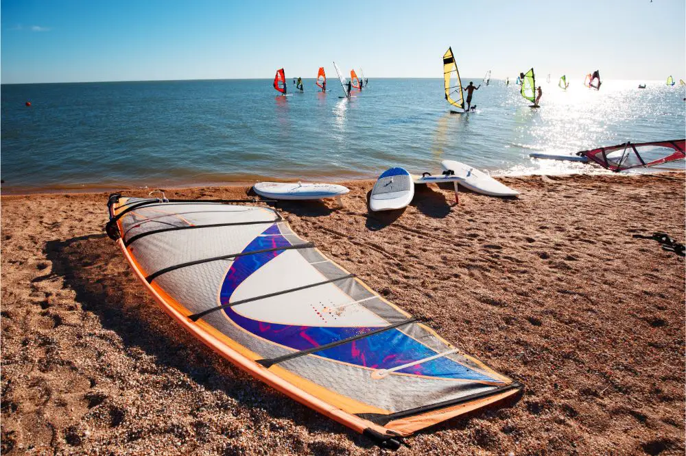 Windsurf boards on the sand at the beach