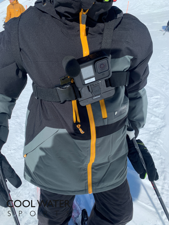 skier using a GoPro Hero 10 Action camera using a breast strap