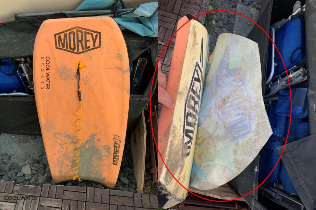 Morey Mach 11 Boogie Board with a de-laminated slick, Bodyboard after bad maintenance having a bottom part which is de-laminated