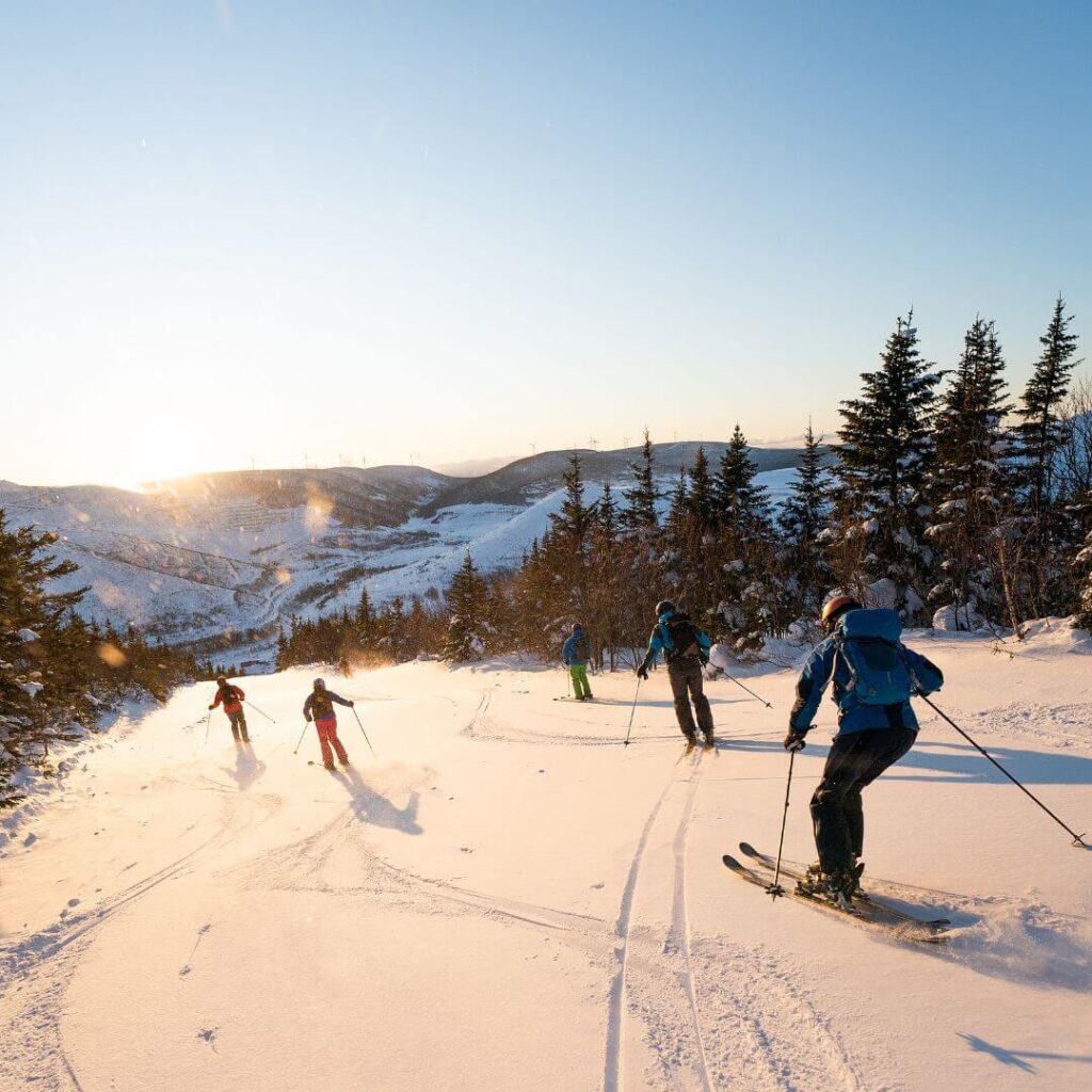 Picture of people skiing and snowboarding down a snowy mountain with the sunset in the background enjoying winter sports